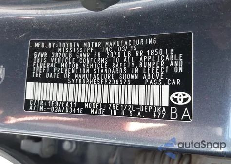 2015 Toyota Corolla L из США, поврежденный, VIN 5YFBURHE5FP298979